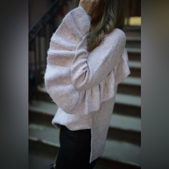 French Connection Wool Blend Ruffle Sleeve Blush Pink Sweater Sz S - Picture 2 of 7